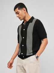 Men Black & Grey Front Button Open T-Shirt