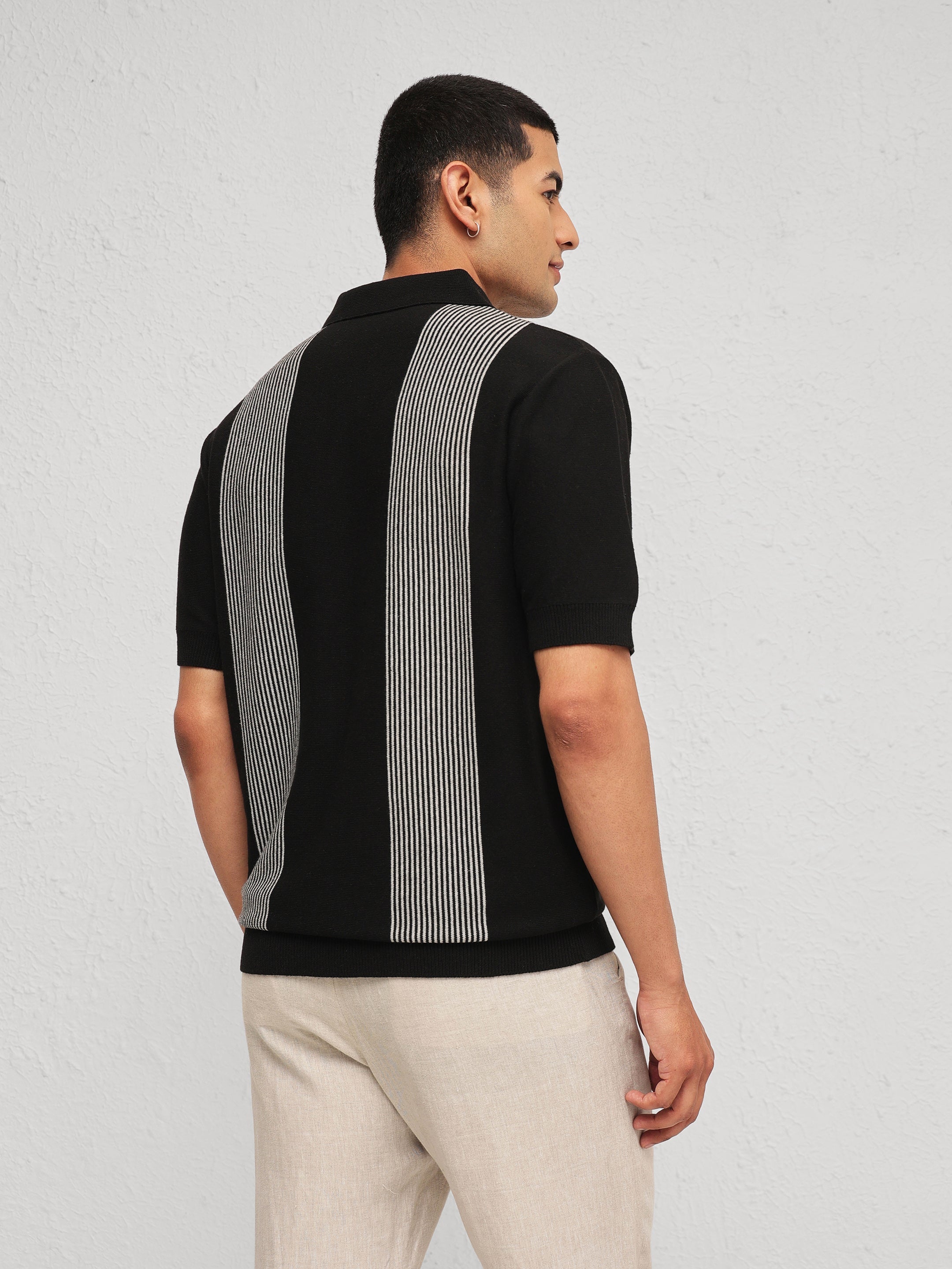 Men Black & Grey Front Button Open T-Shirt