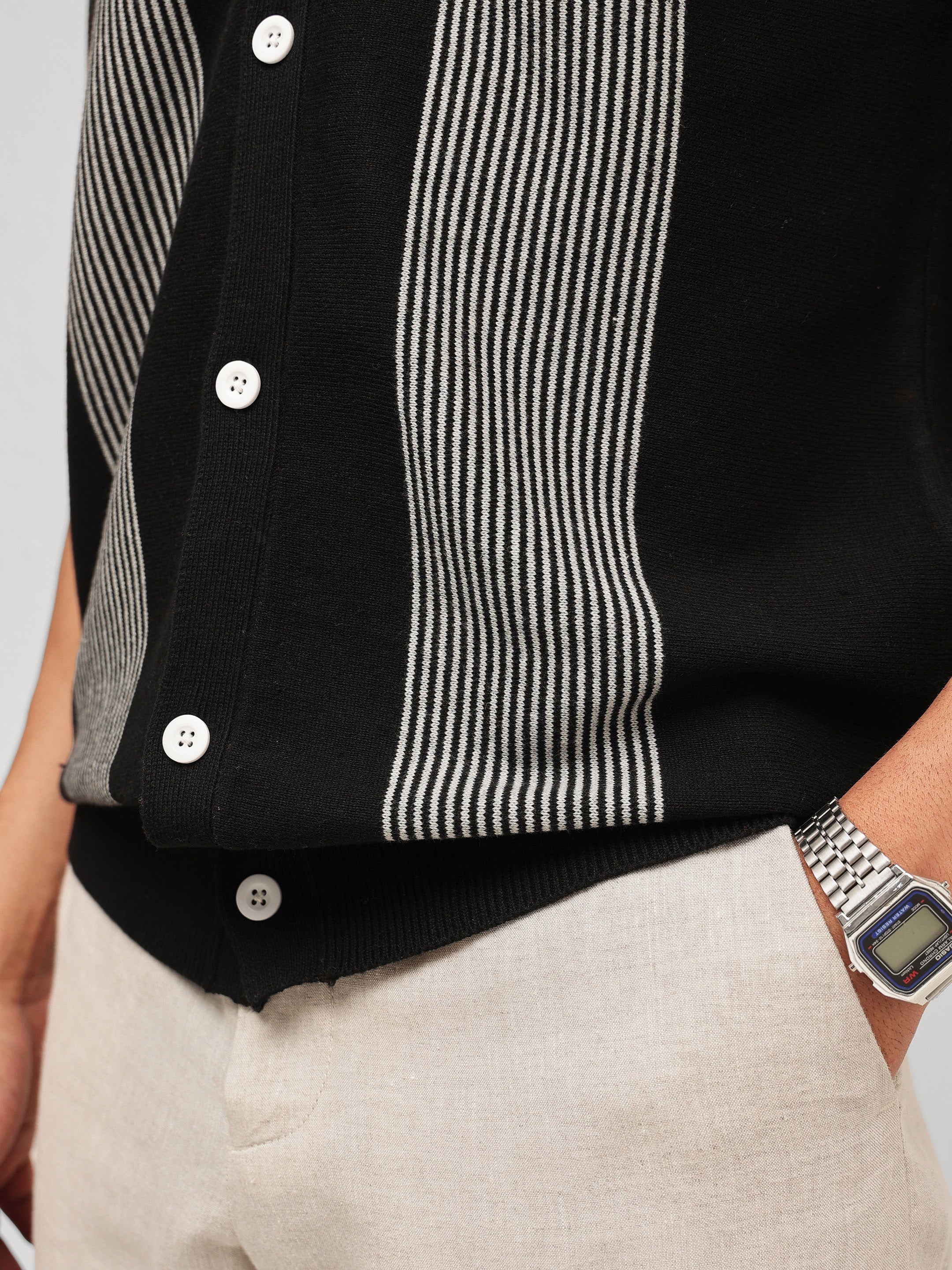 Men Black & Grey Front Button Open T-Shirt