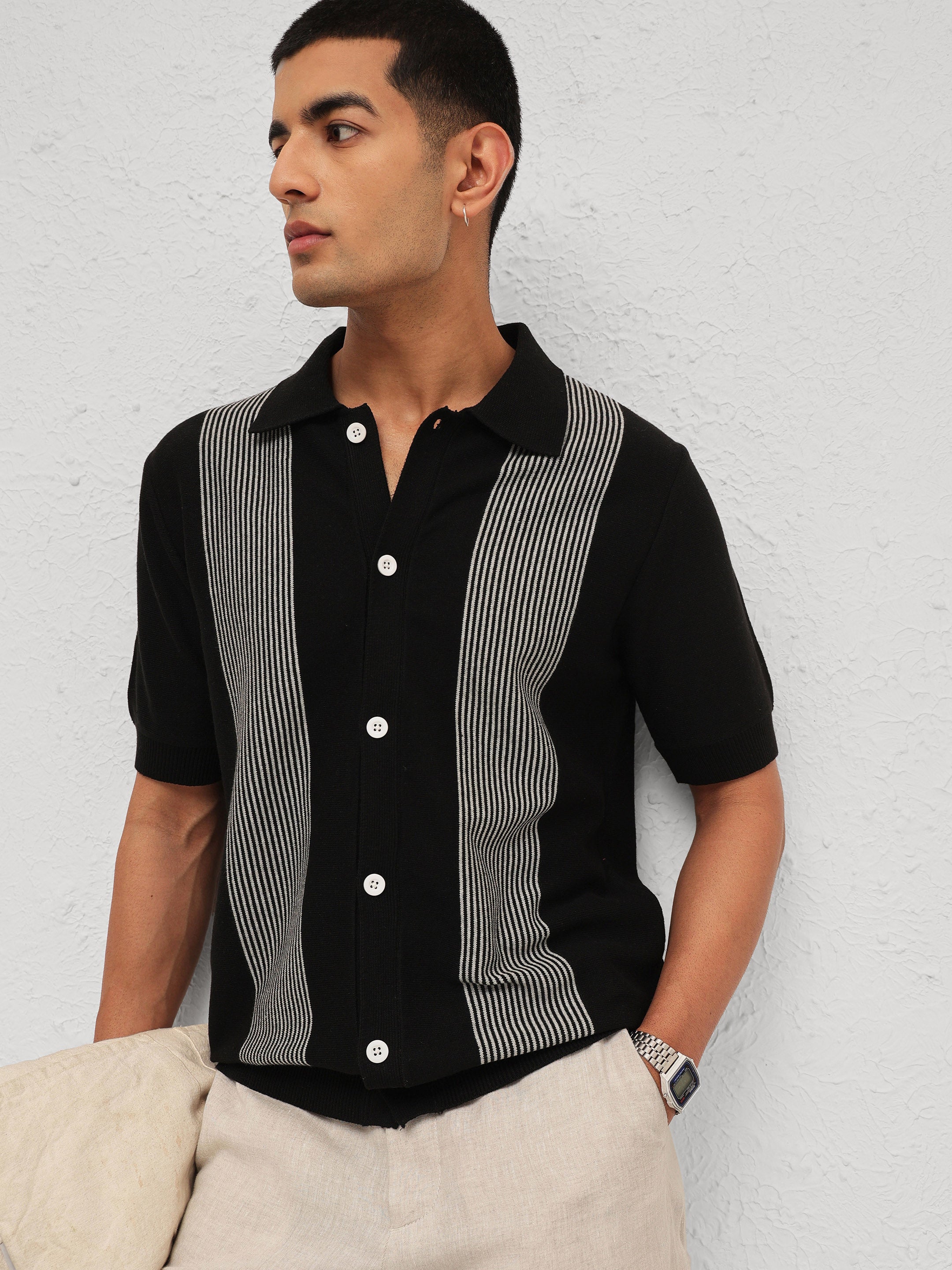 Men Black & Grey Front Button Open T-Shirt
