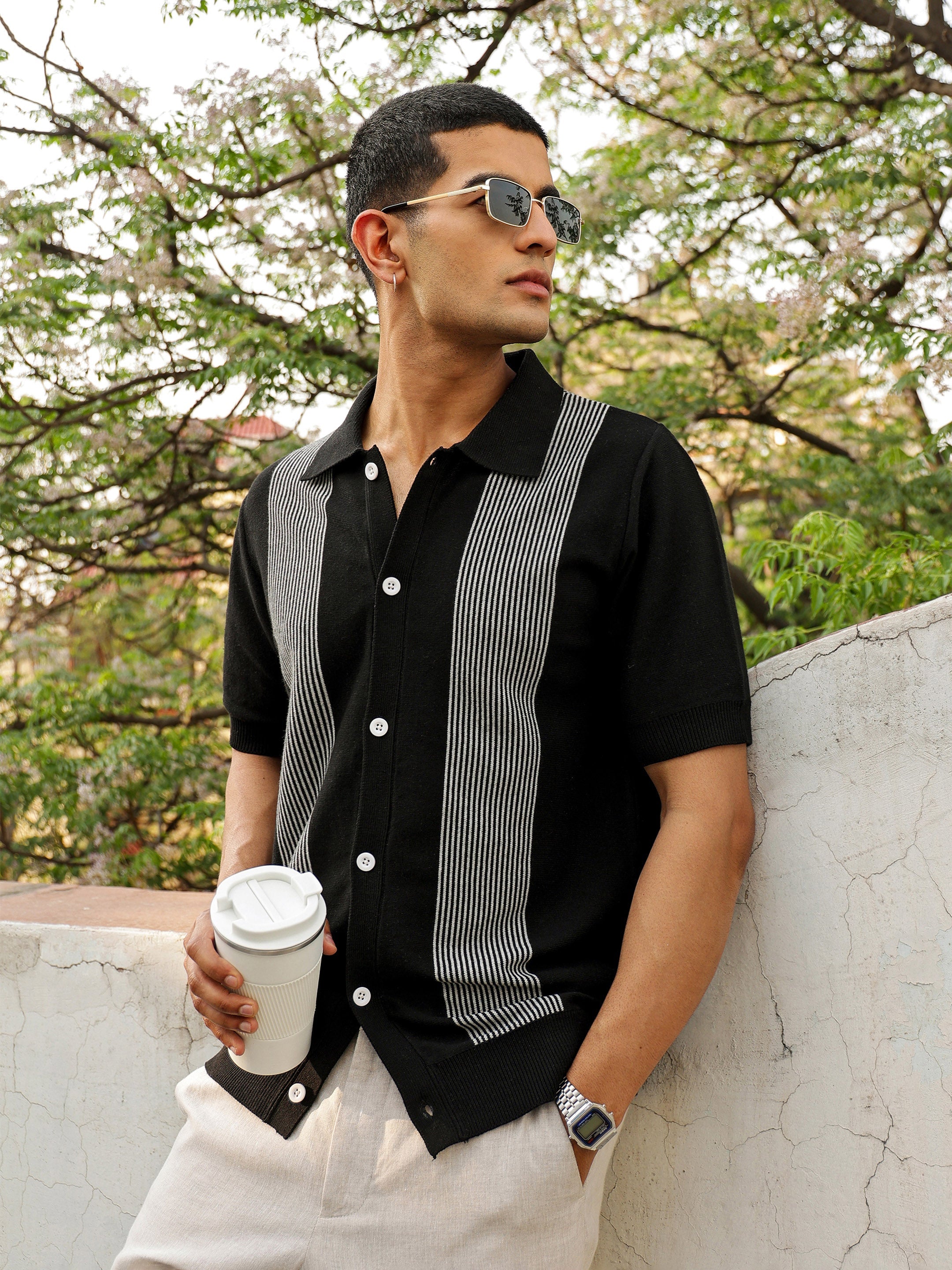 Men Black & Grey Front Button Open T-Shirt