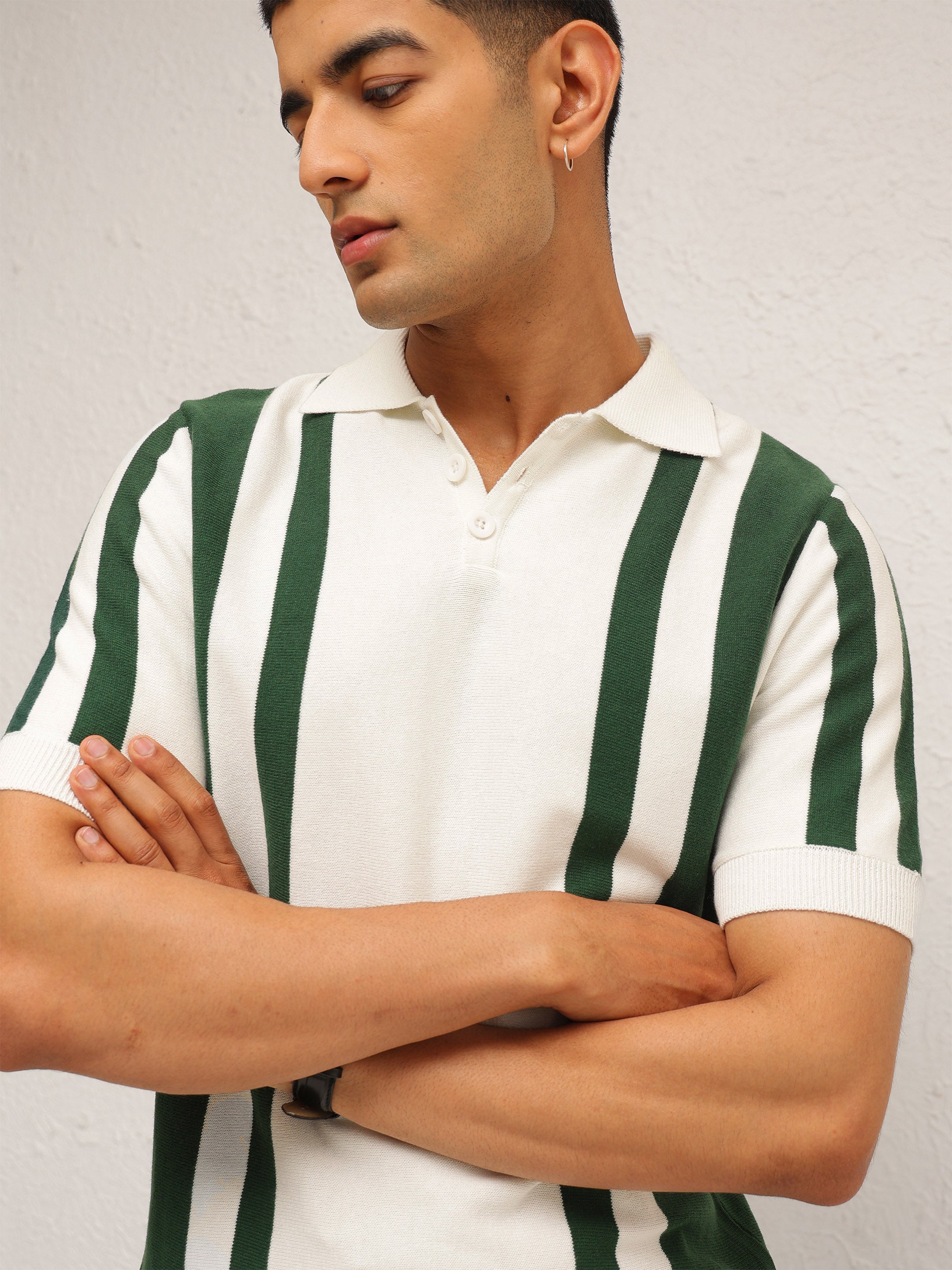 Men White & Green Stripes Relax Fit Polo T-Shirt
