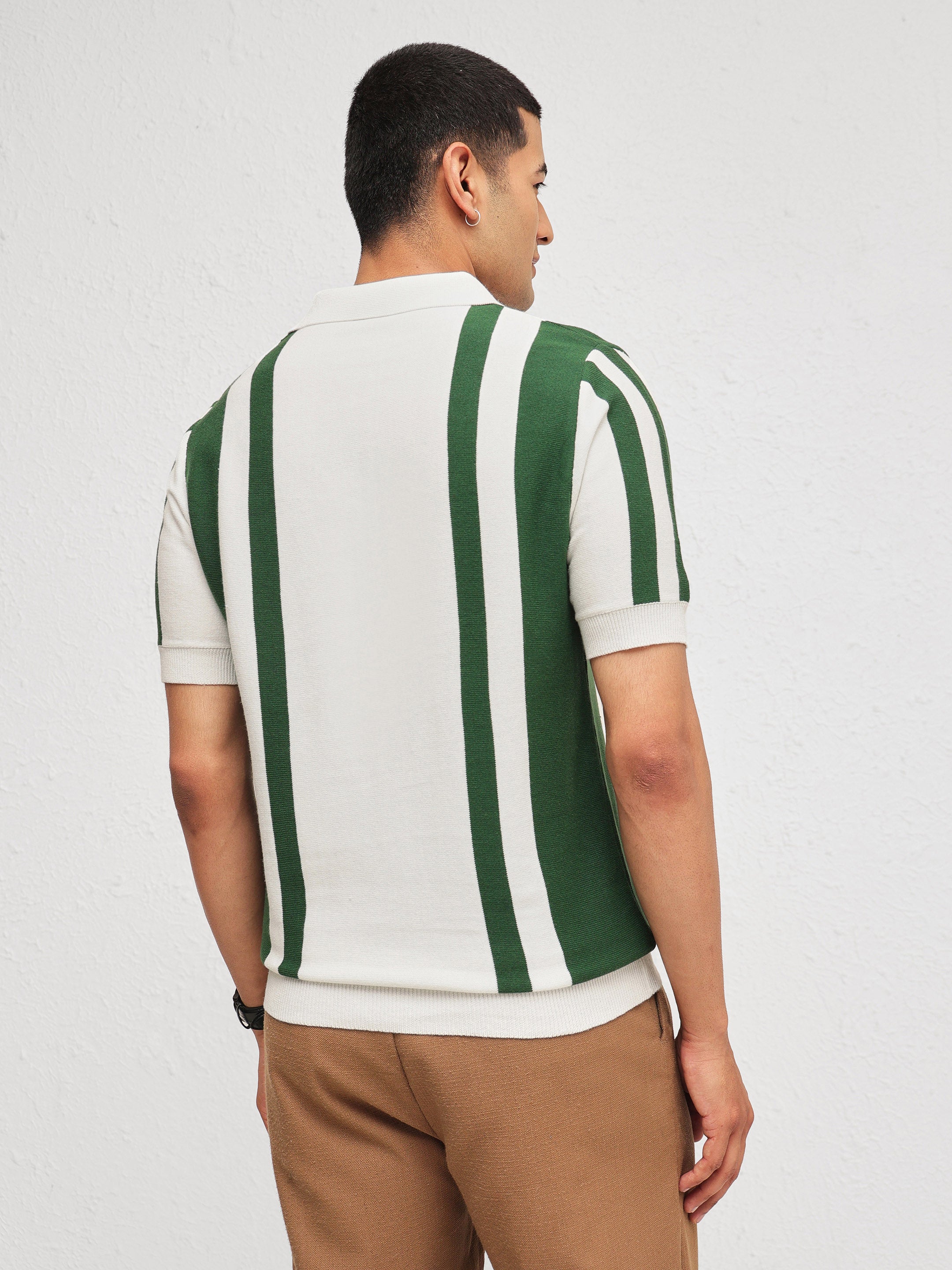 Men White & Green Stripes Relax Fit Polo T-Shirt