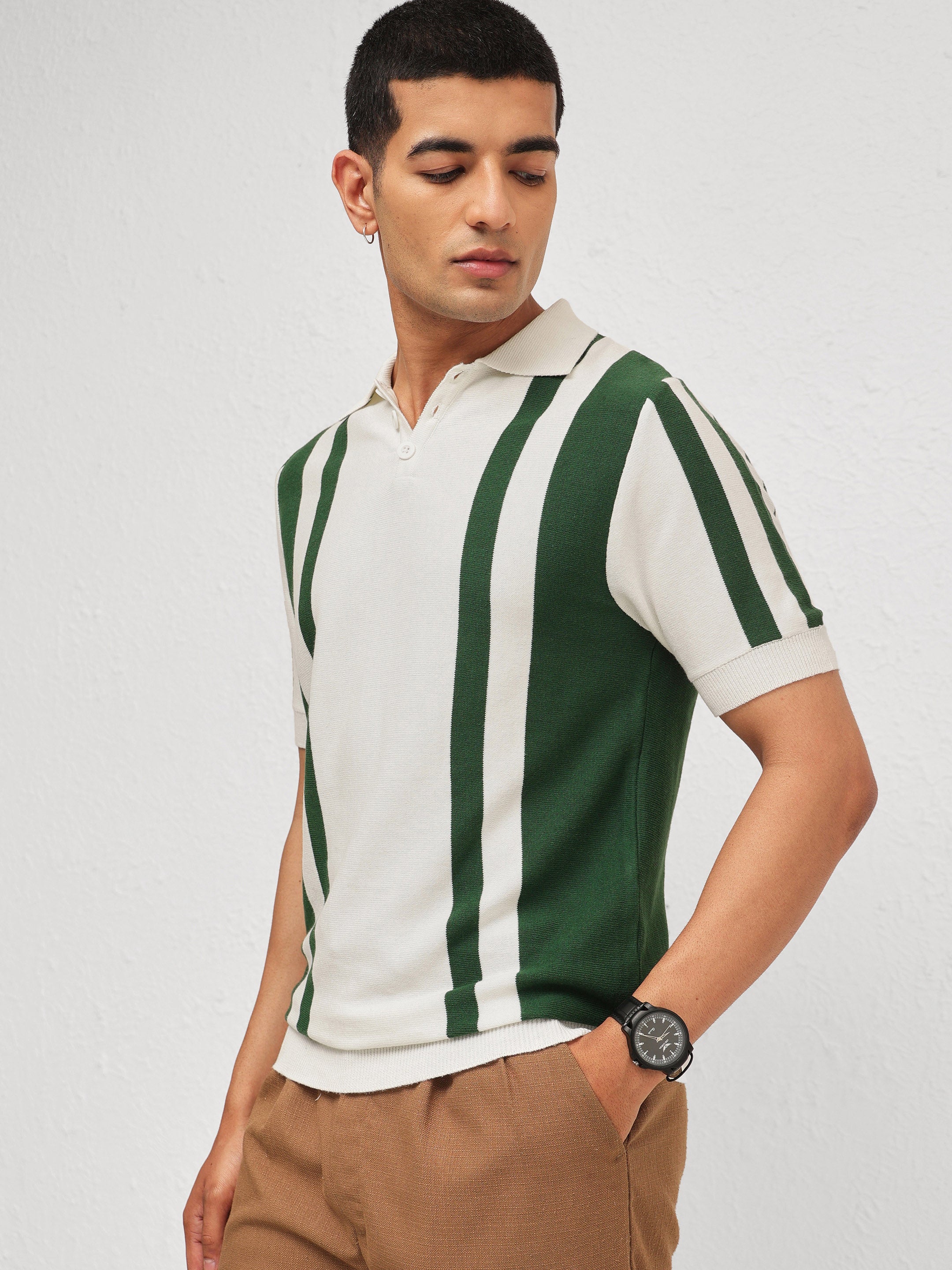 Men White & Green Stripes Relax Fit Polo T-Shirt