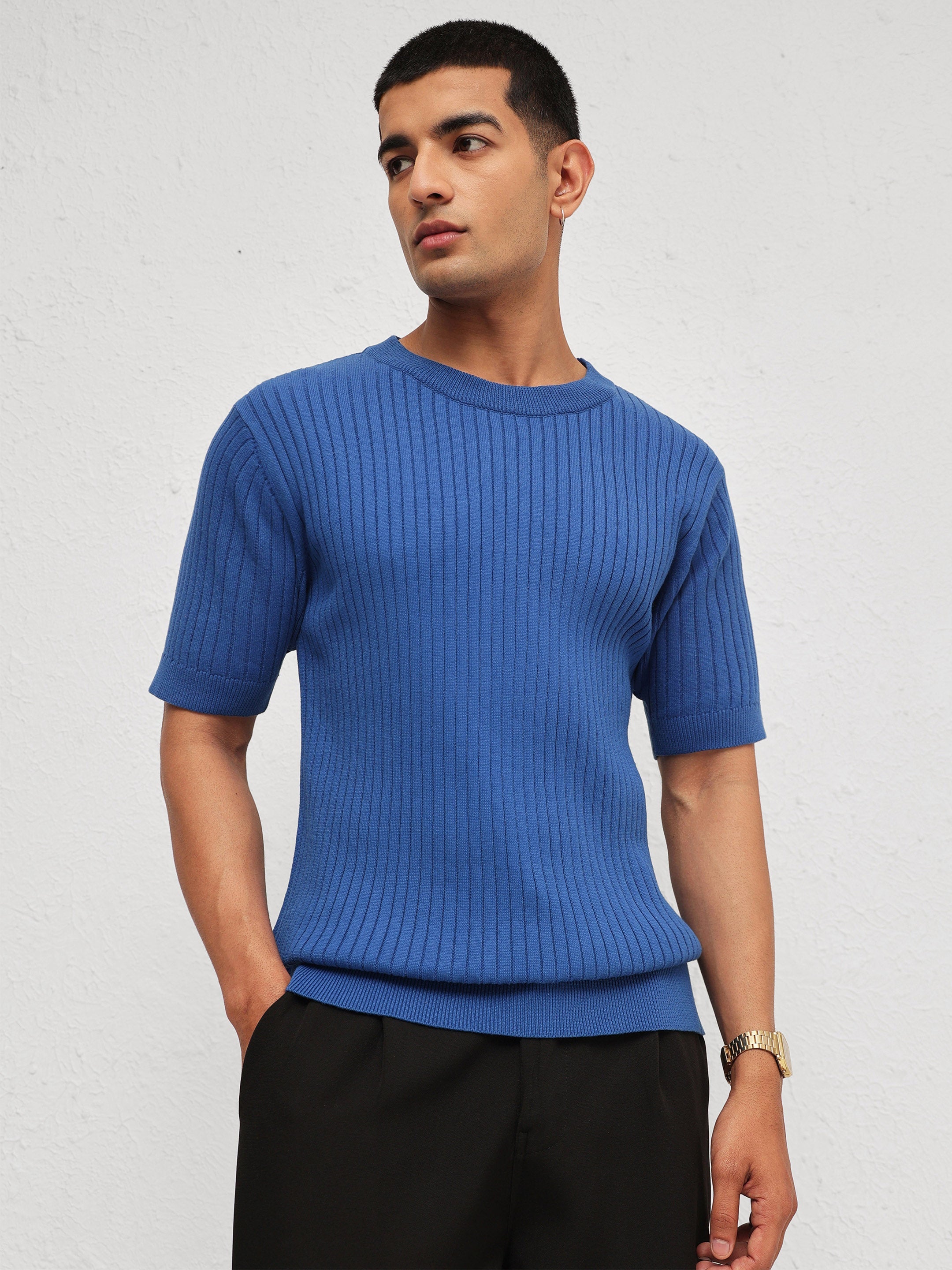 Men Blue Relax Fit Round Neck T-Shirt