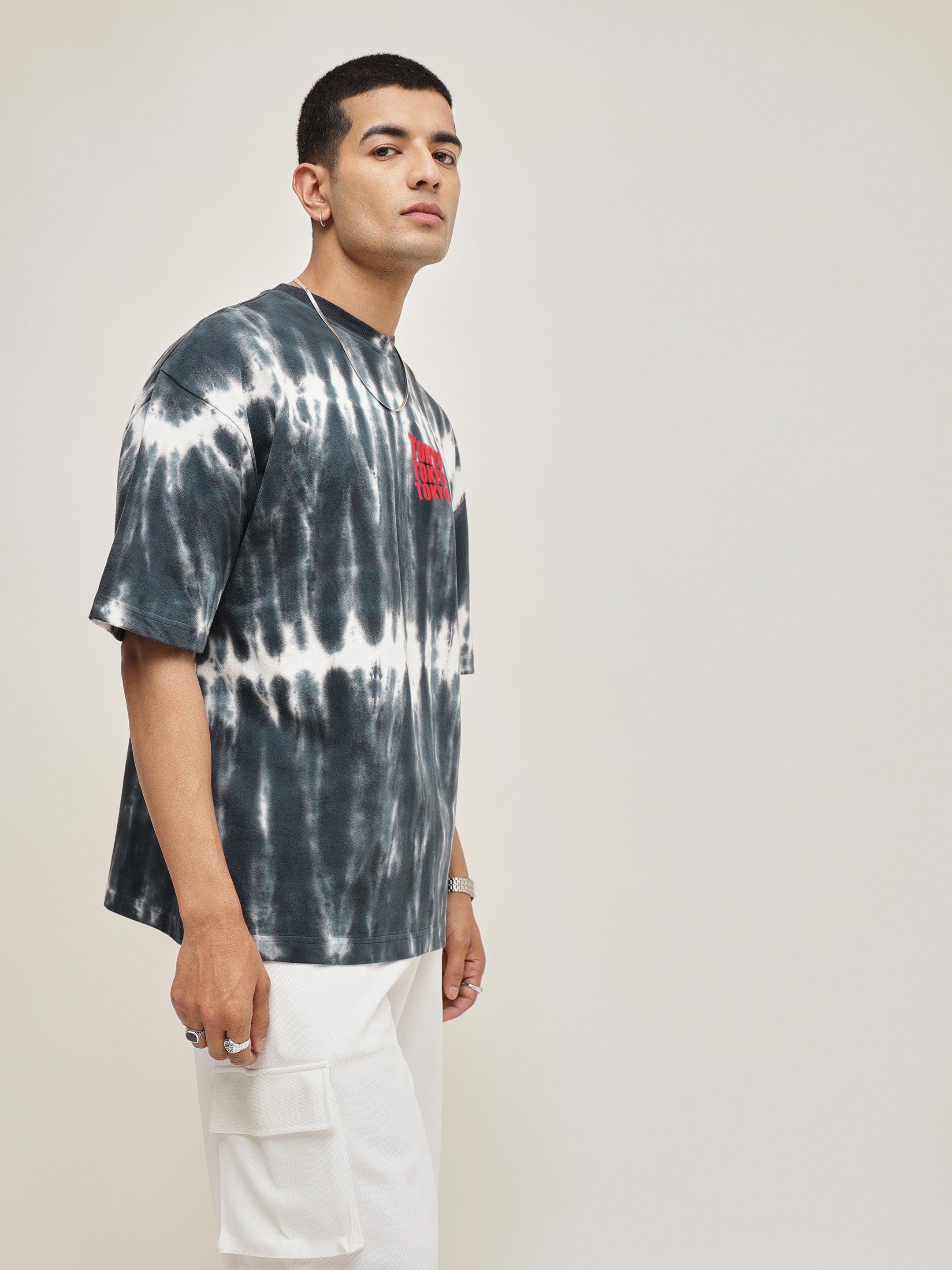 Men Black & White Tie-dye TOKYO Oversize T-Shirt