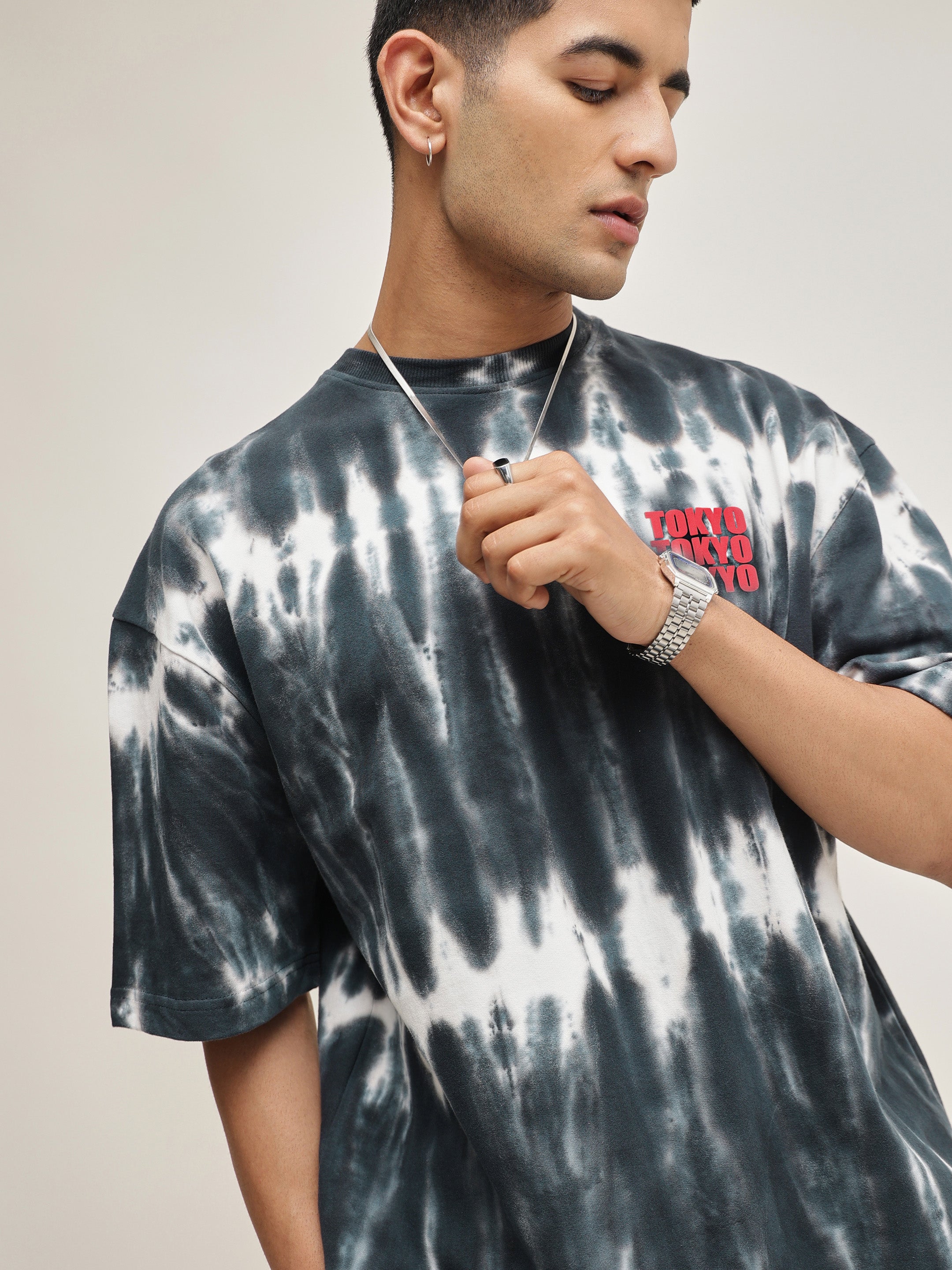 Men Black & White Tie-dye TOKYO Oversize T-Shirt