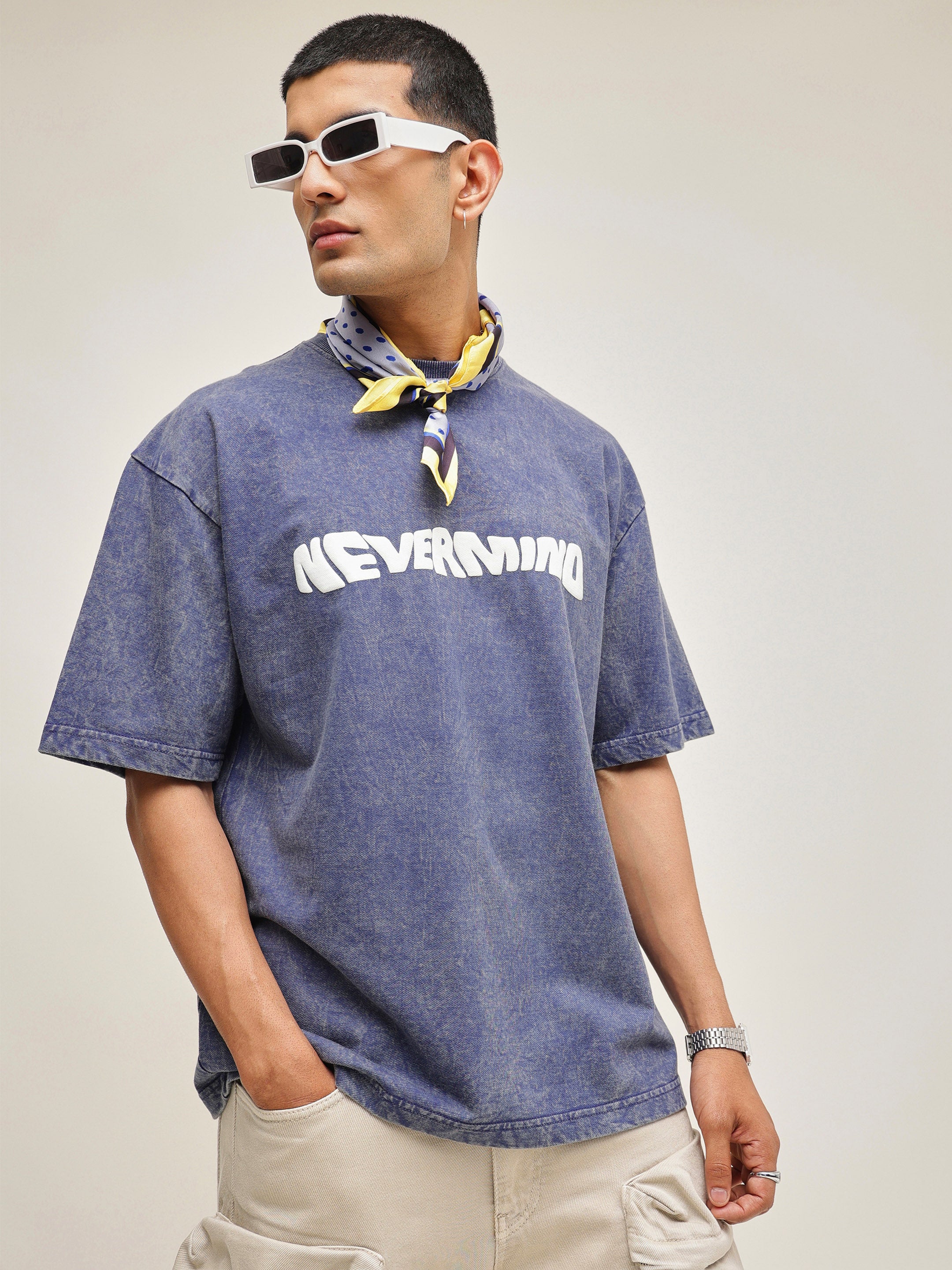 Men Navy Blue Overdye NEVERMIND Oversize T-Shirt
