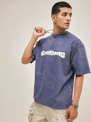 Men Navy Blue Overdye NEVERMIND Oversize T-Shirt