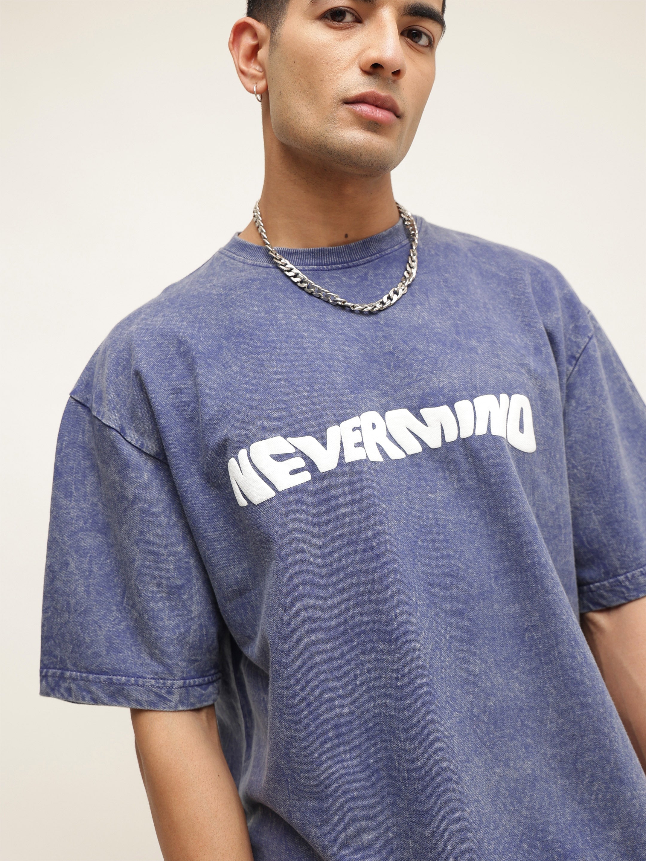 Men Navy Blue Overdye NEVERMIND Oversize T-Shirt