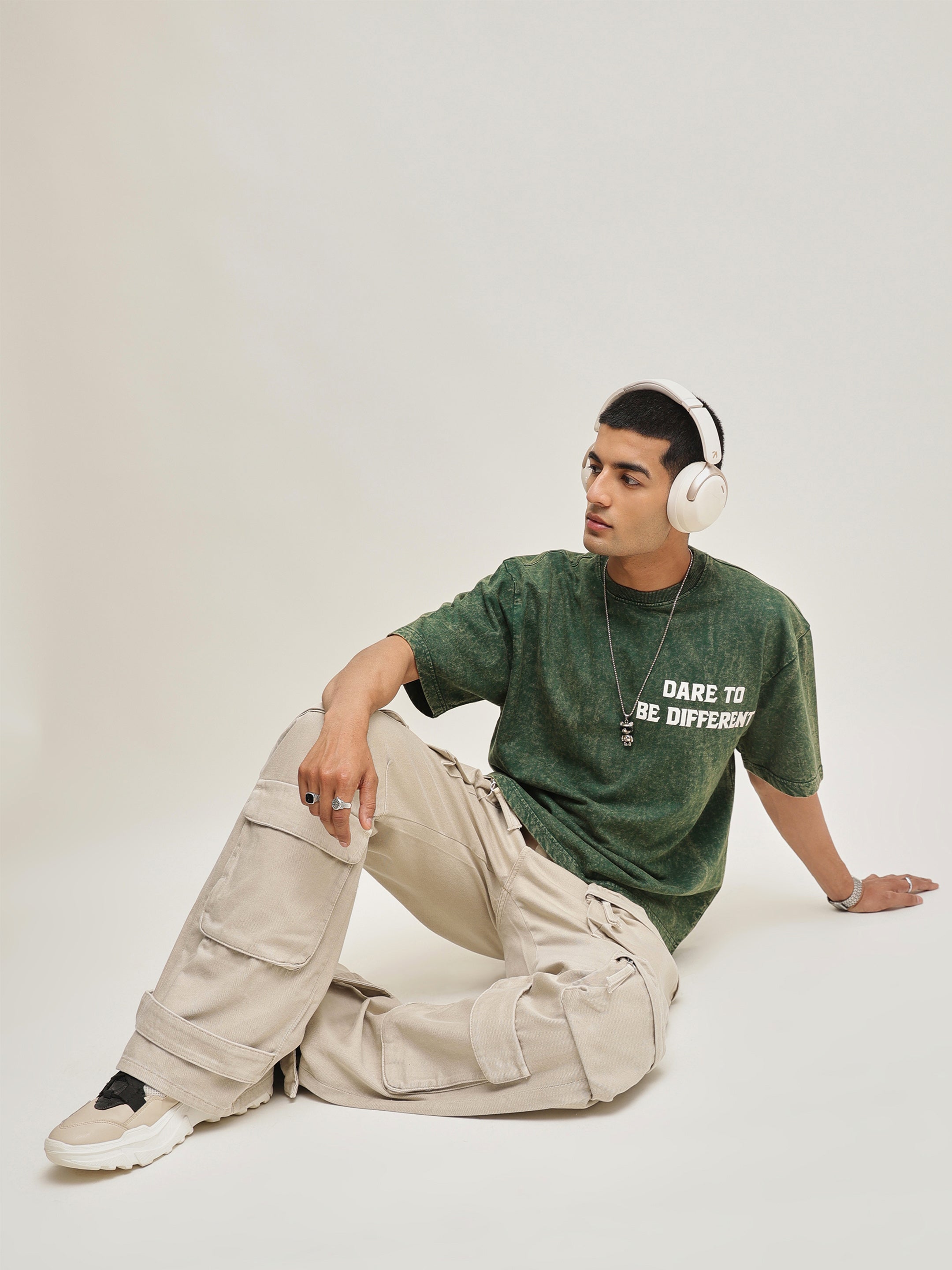 Men Emerald Green Overdye DARE TO BE DIFFERENT Oversize T-Shirt