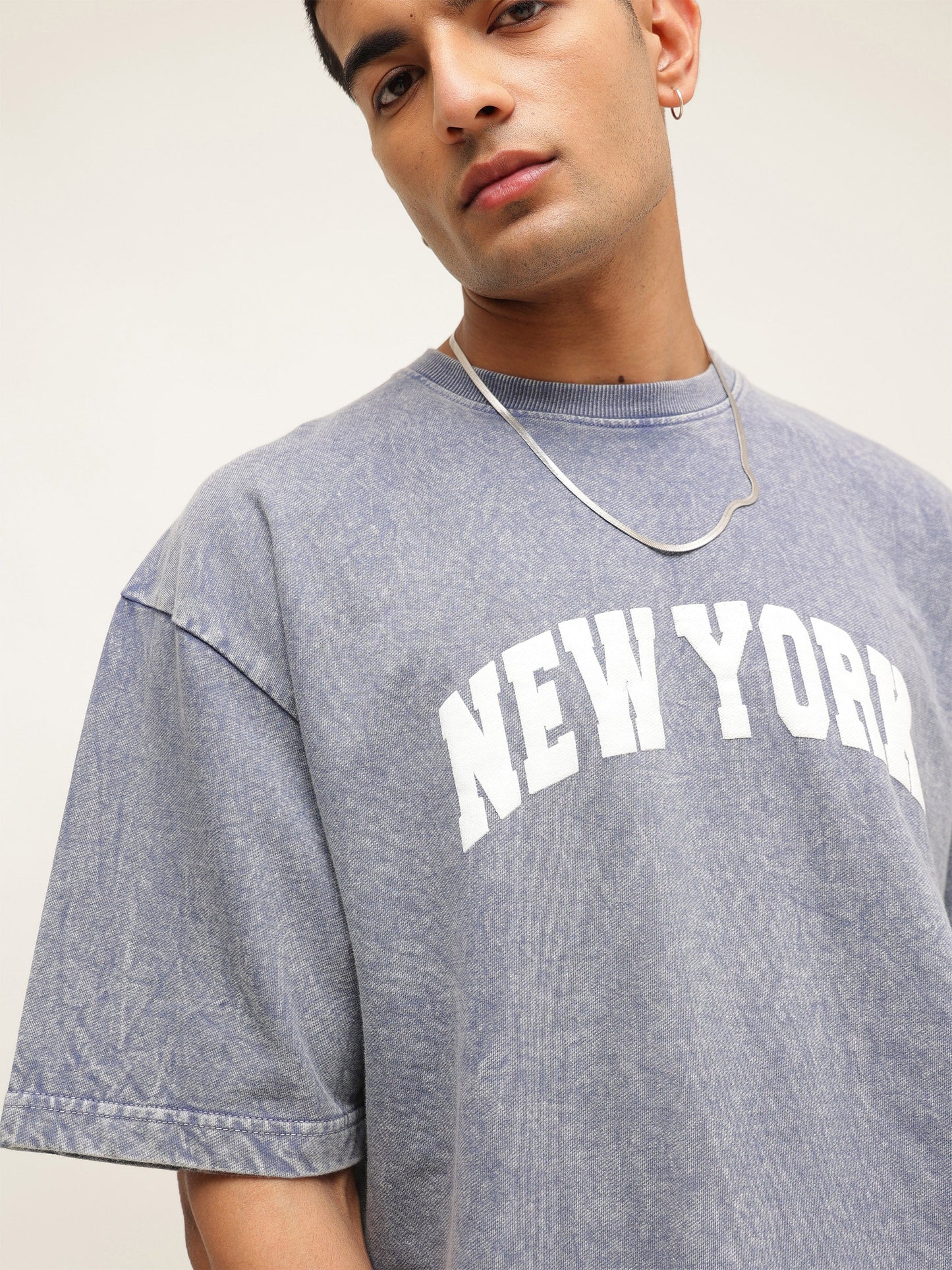 Men Blue Overdye NEW YORK Oversize T-Shirt