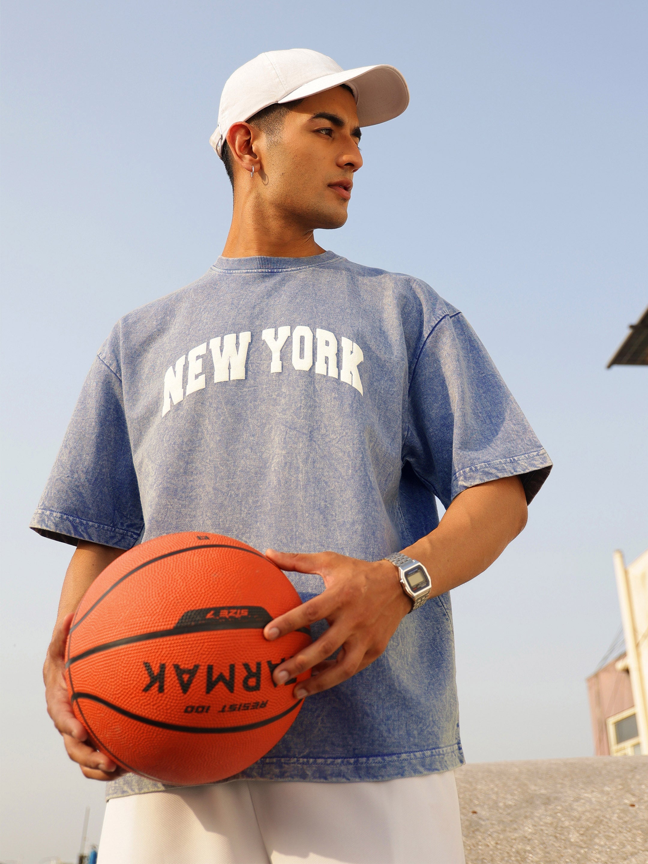 Men Blue Overdye NEW YORK Oversize T-Shirt