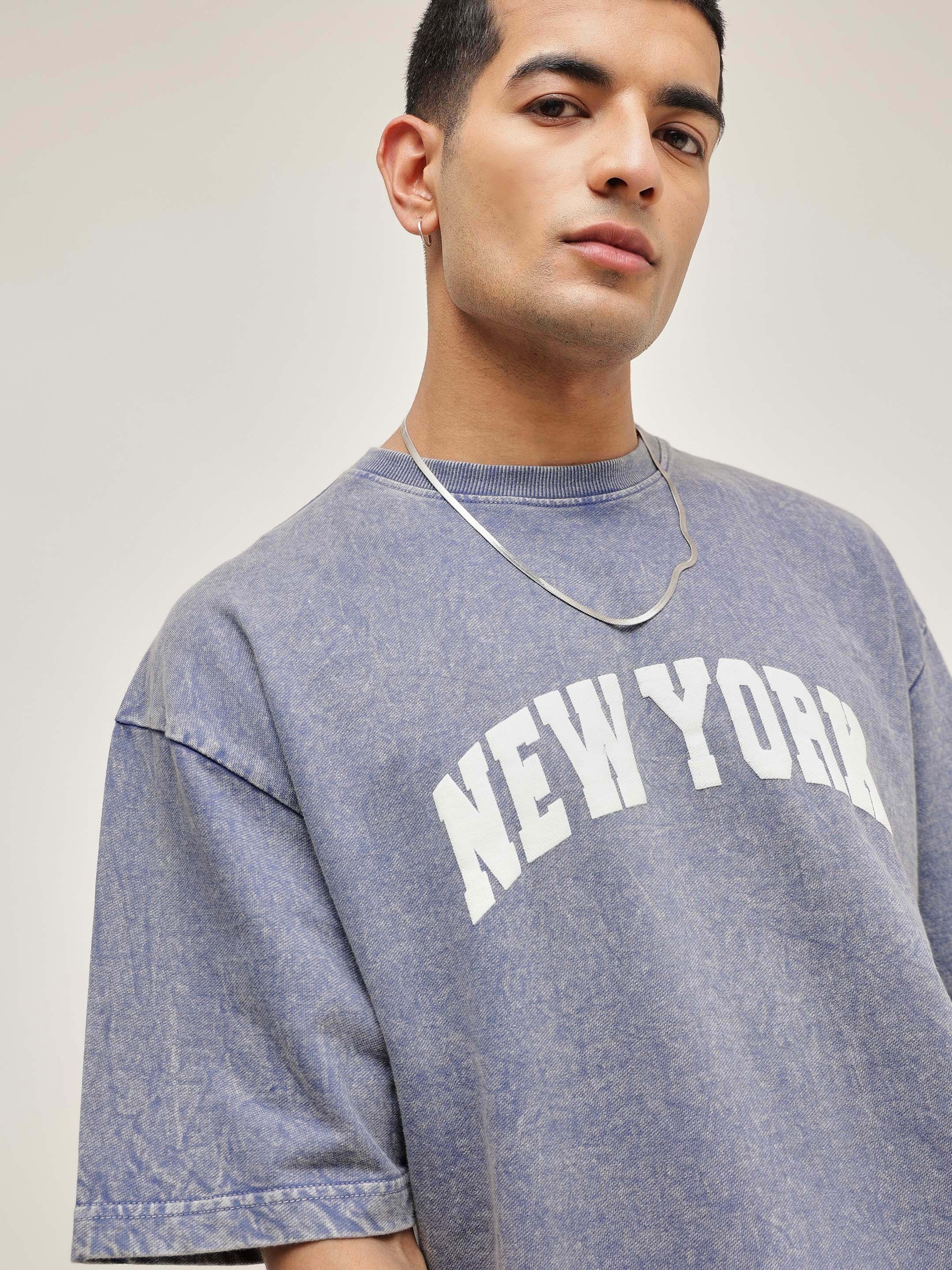 Men Blue Overdye NEW YORK Oversize T-Shirt