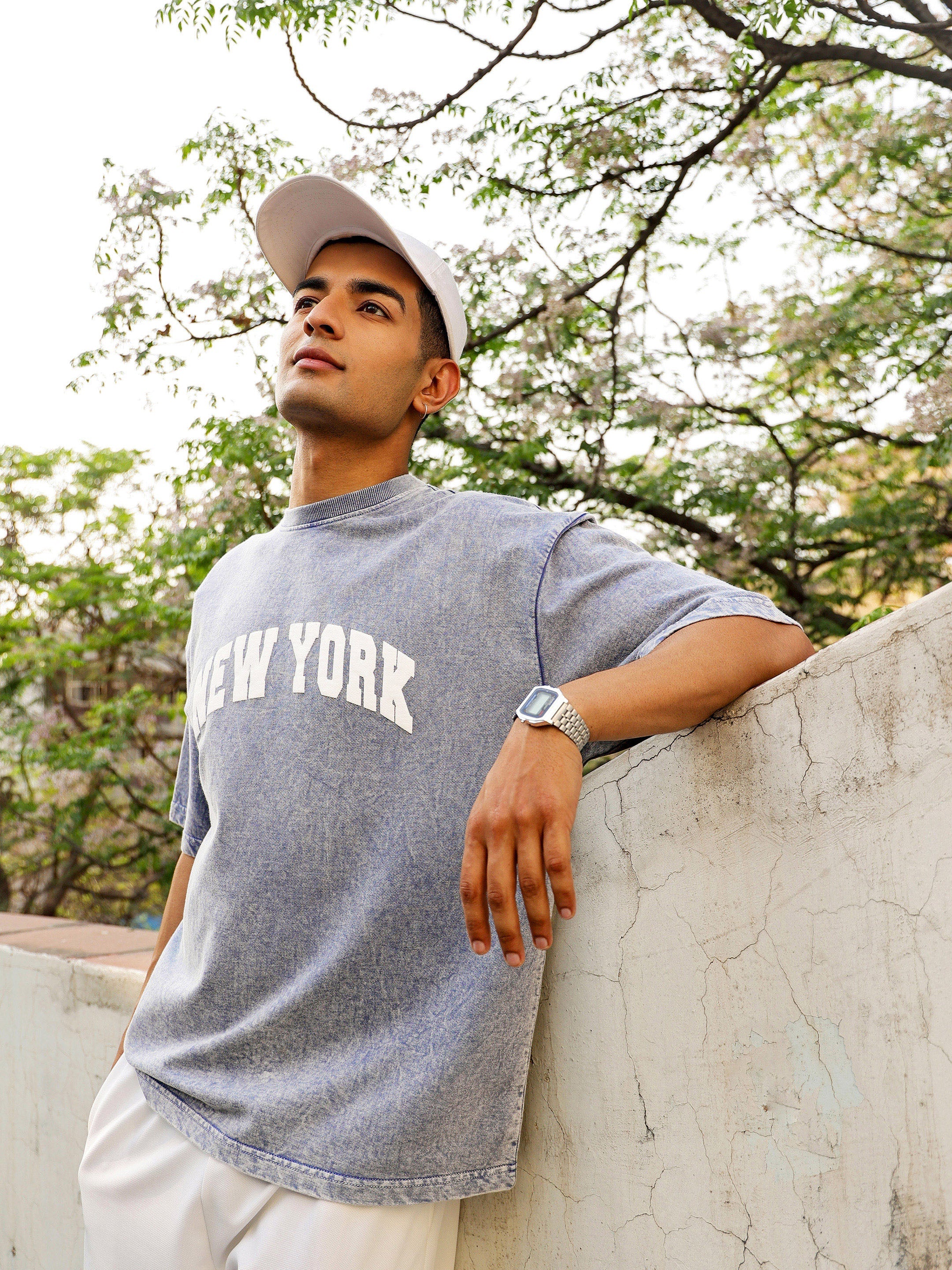 Men Blue Overdye NEW YORK Oversize T-Shirt