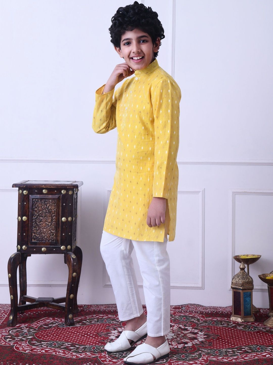 Indi Loom Couture Boys Yellow Chanderi Booti Ethnic Kurta with White Pajama Set ILBKS13