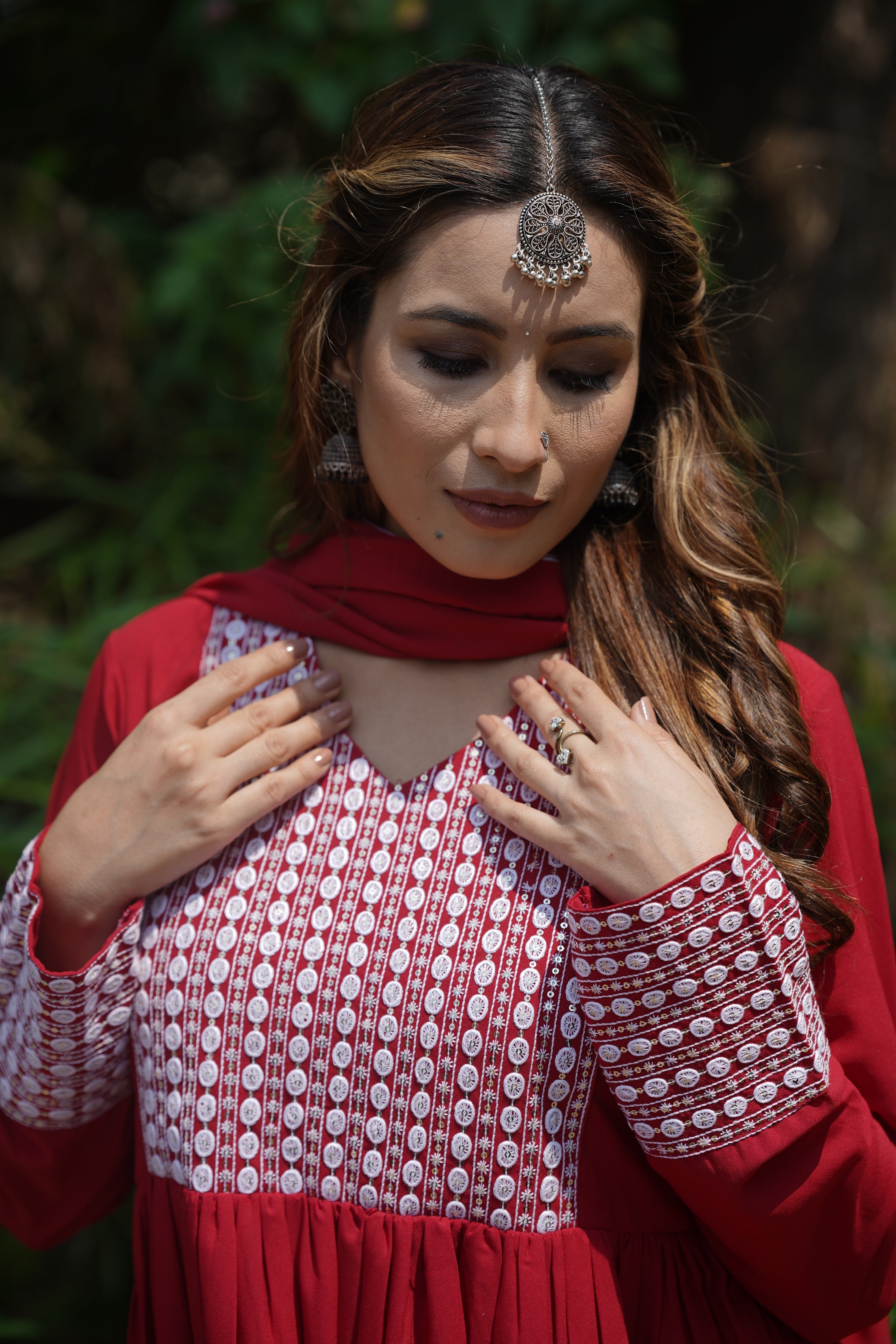 red poly georgette yoke design suit set 