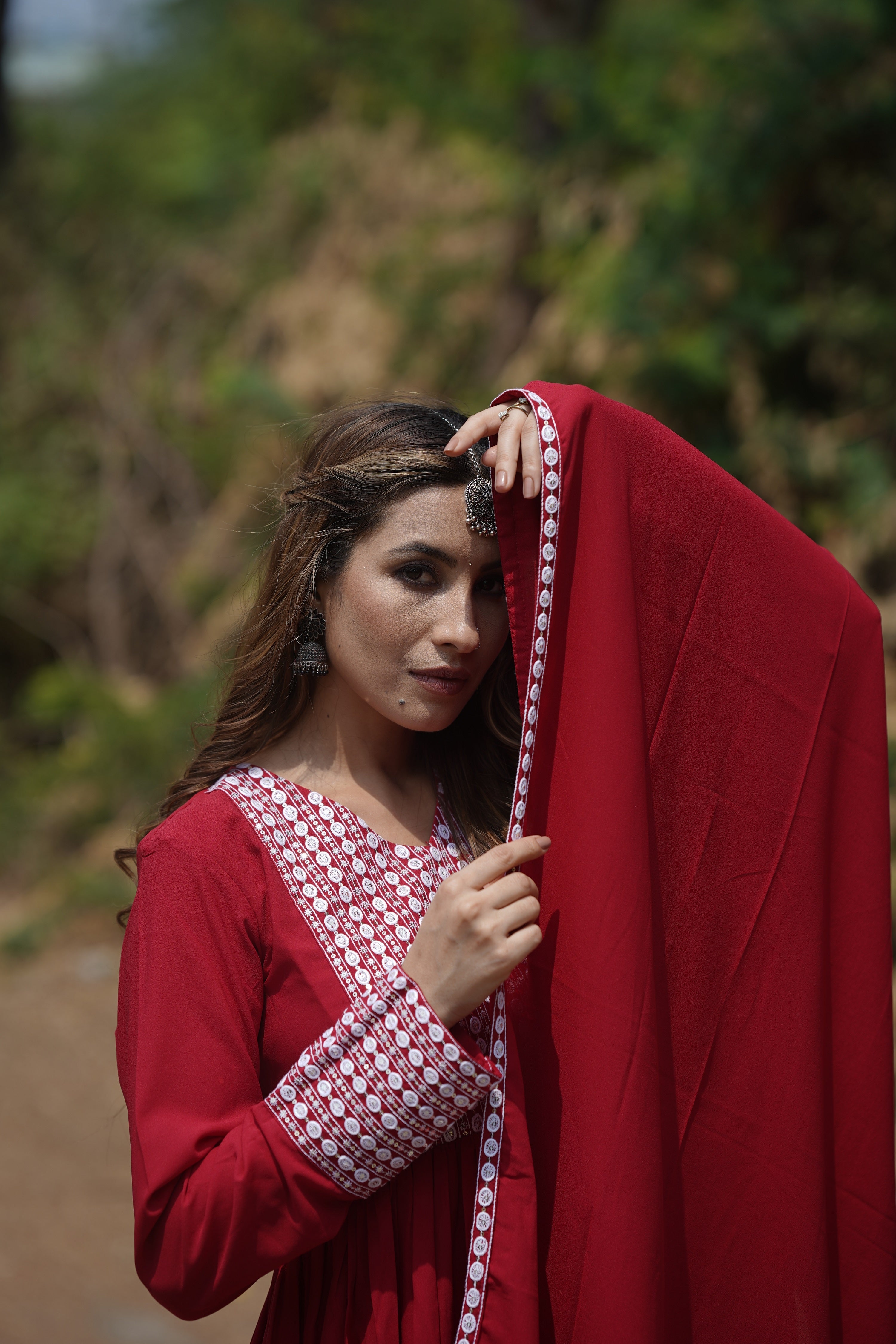 red poly georgette yoke design suit set 