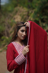 red poly georgette yoke design suit set 