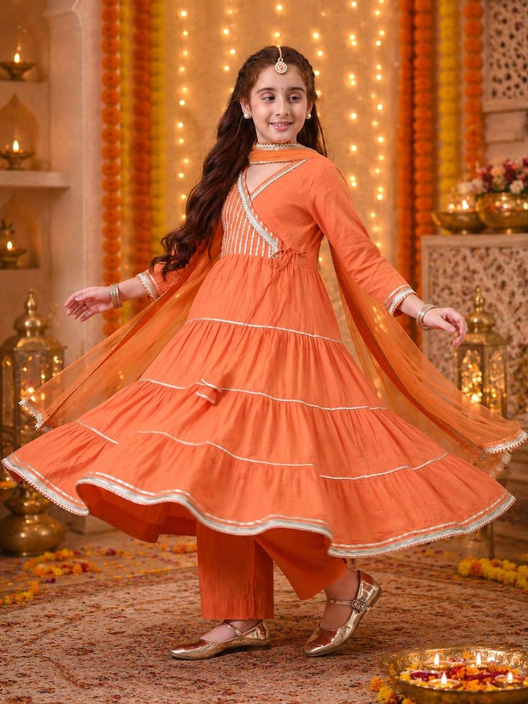 Girls Orange Angrakha Style Kurta Set with Pants & Dupatta ILKSD69