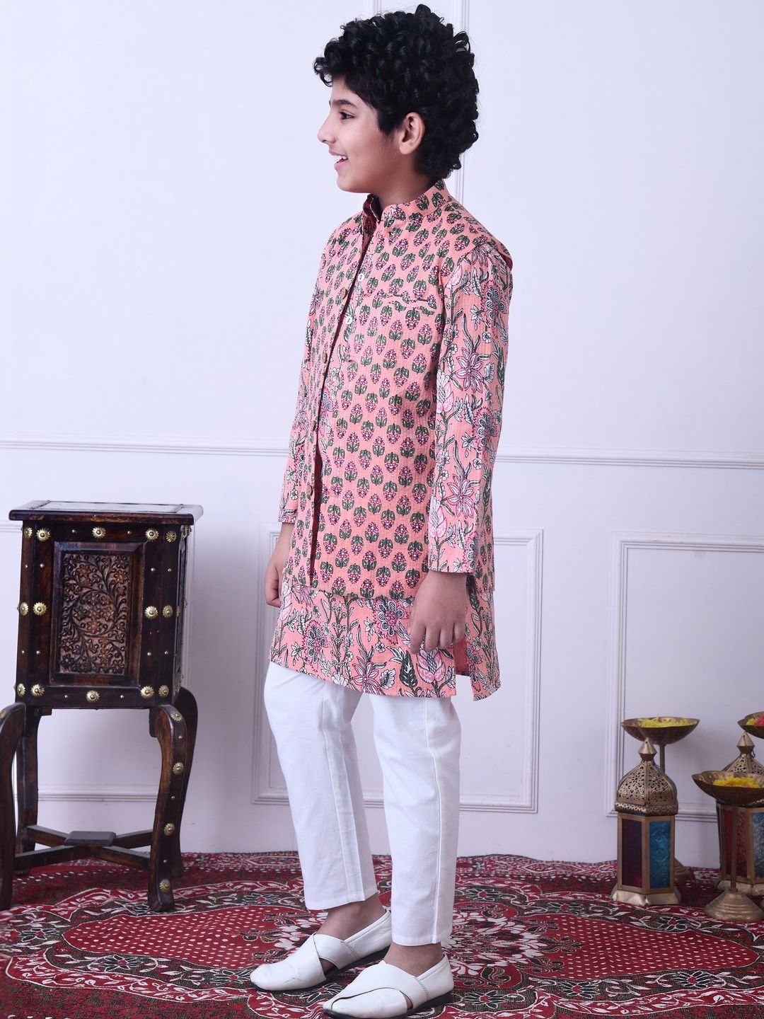 Indi Loom Couture Boys Peach Printed Cotton Kurta with white Pajama and Jacket Set ILBKSJ05