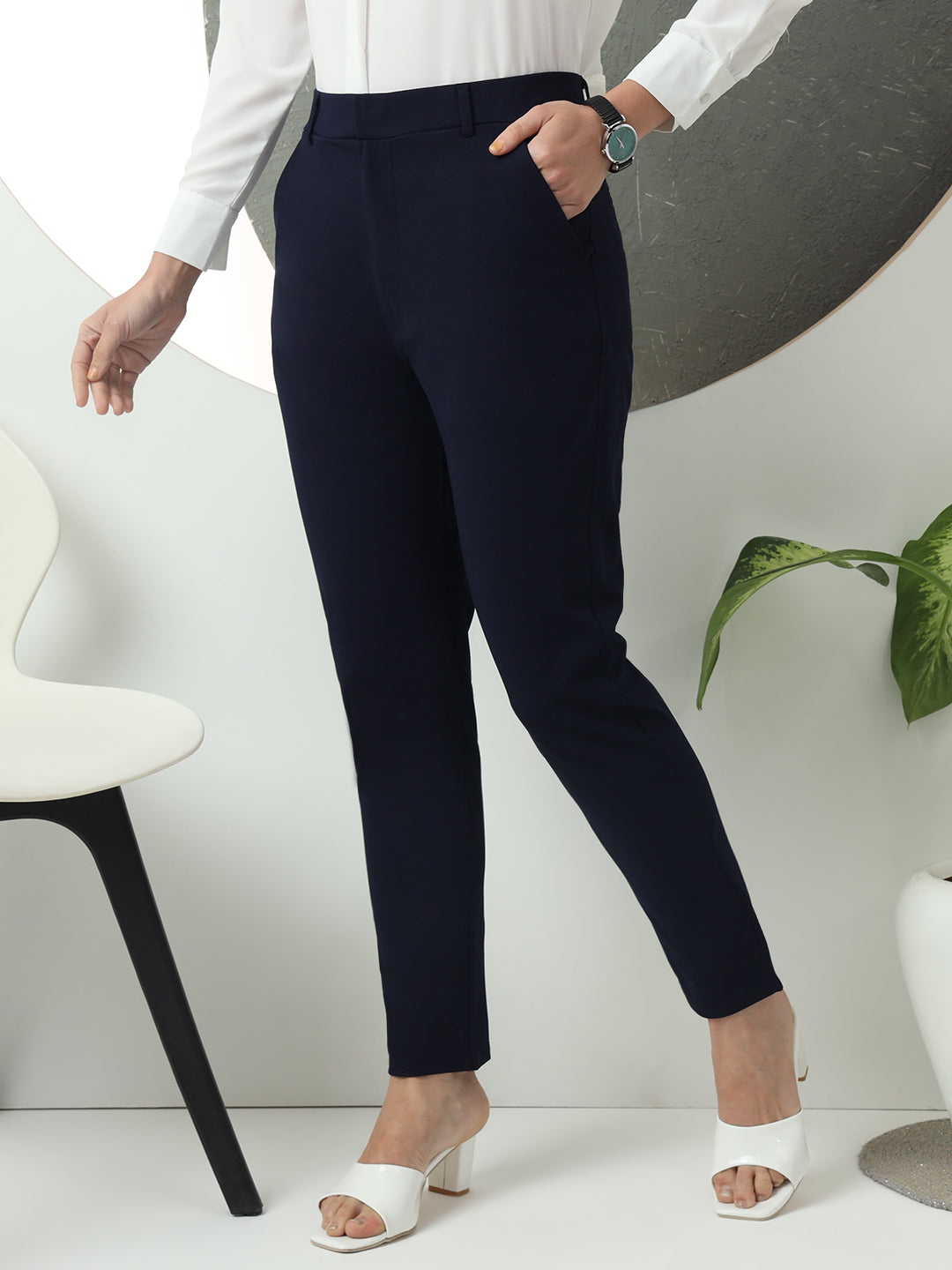 women tapered fit high waist office wear trousers