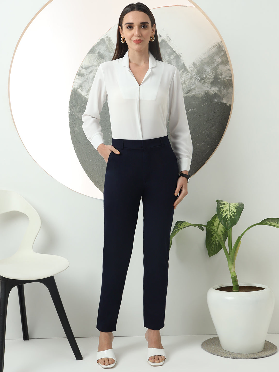 women tapered fit high waist office wear trousers