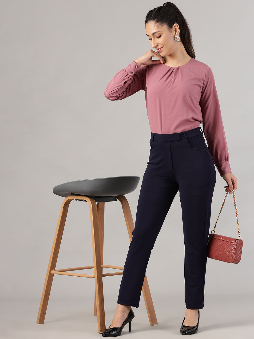 womens work straight high rise wrinkle free formal beige trousers