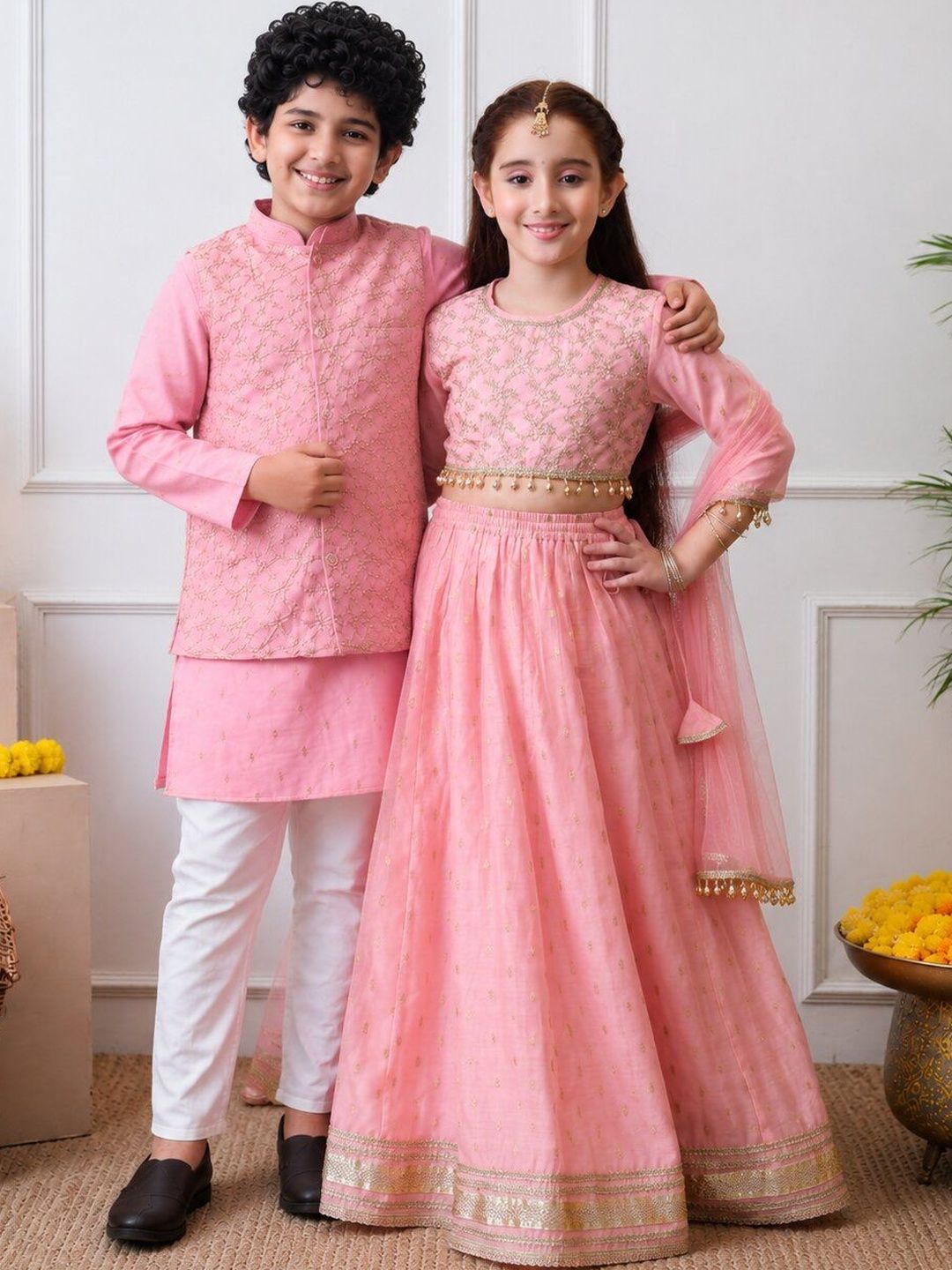 Indi Loom Couture Boys Pink Kurta with Embroidered Jacket & Pyjama Set ILBKSJ04