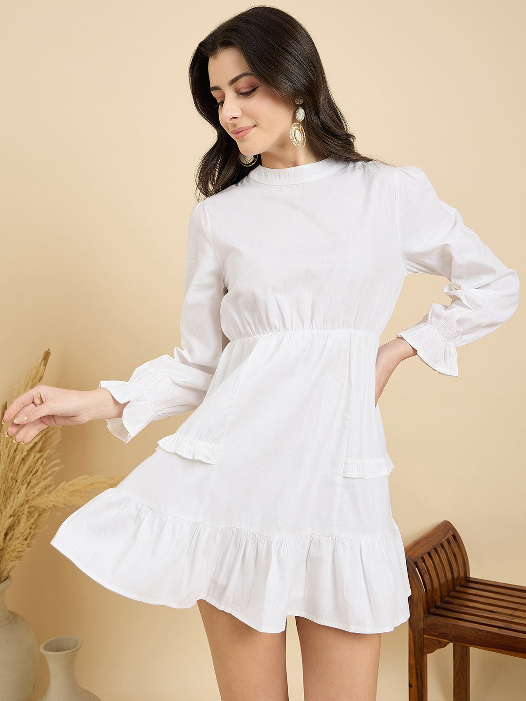 Zummer White High Neck Ruffle Mini Dress