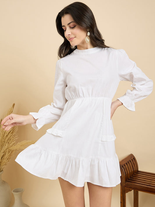 Zummer White High Neck Ruffle Mini Dress