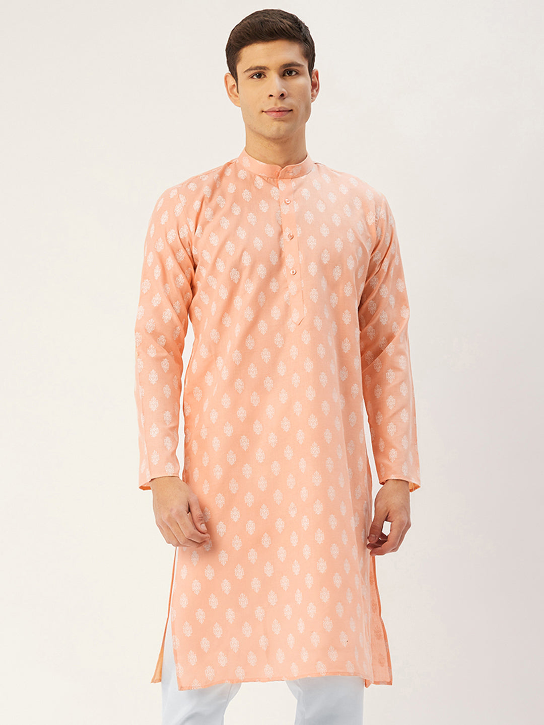 Men's Peach Cotton Floral printed kurta Only ( KO 650Peach )