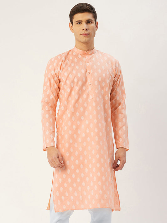 Men's Peach Cotton Floral printed kurta Only ( KO 650Peach )