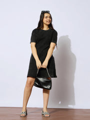 Grils Black Wash Denim Flared Hem Short Dress
