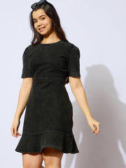 Grils Black Wash Denim Flared Hem Short Dress
