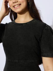 Grils Black Wash Denim Flared Hem Short Dress