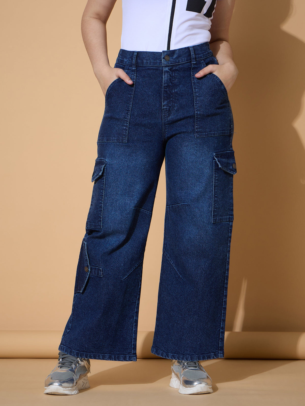 Grils Navy Wash Multi Pockets Straight Jeans