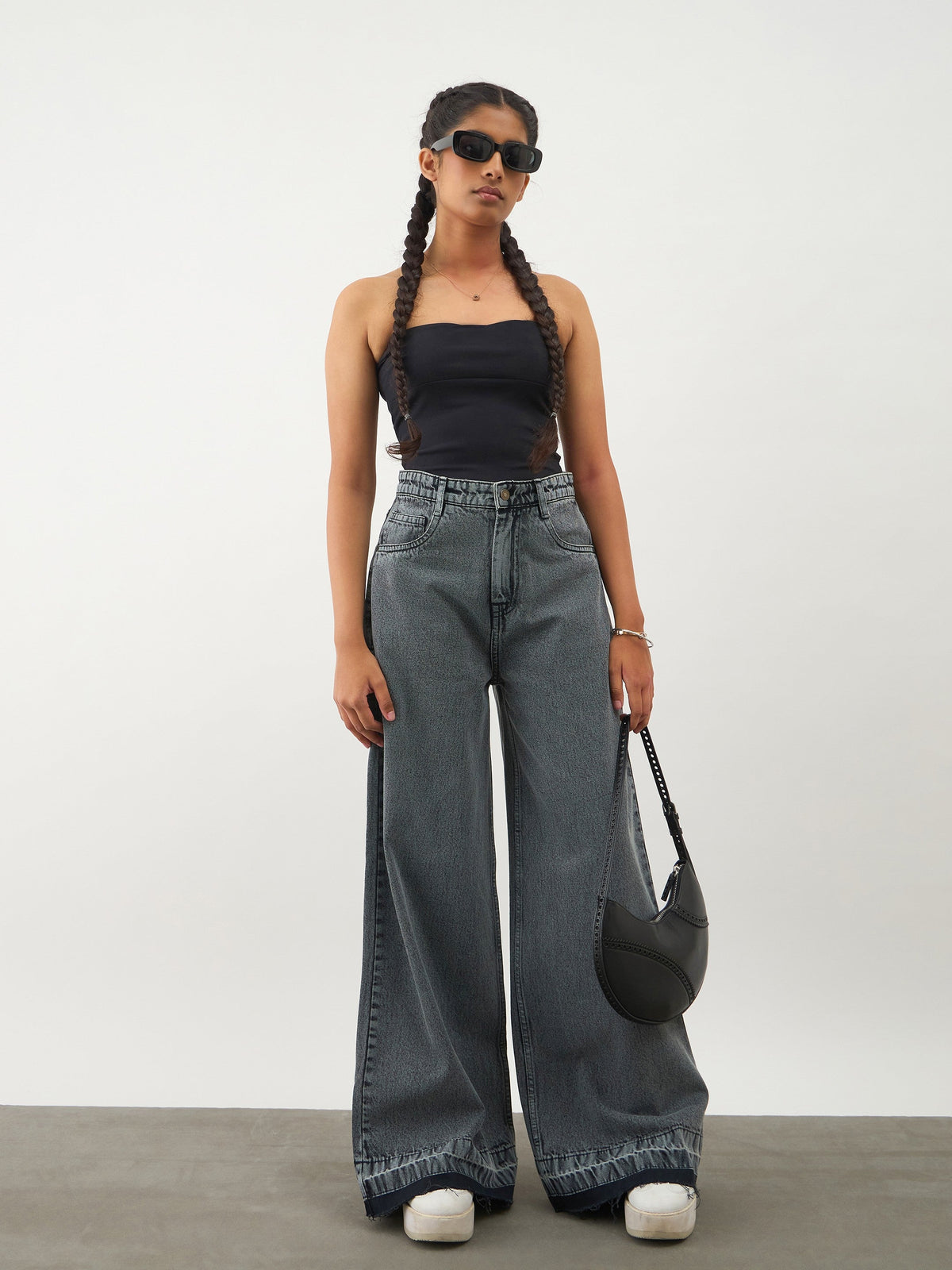 Black Blast Denim Wide Leg Frayed Jeans Noh.Voh 