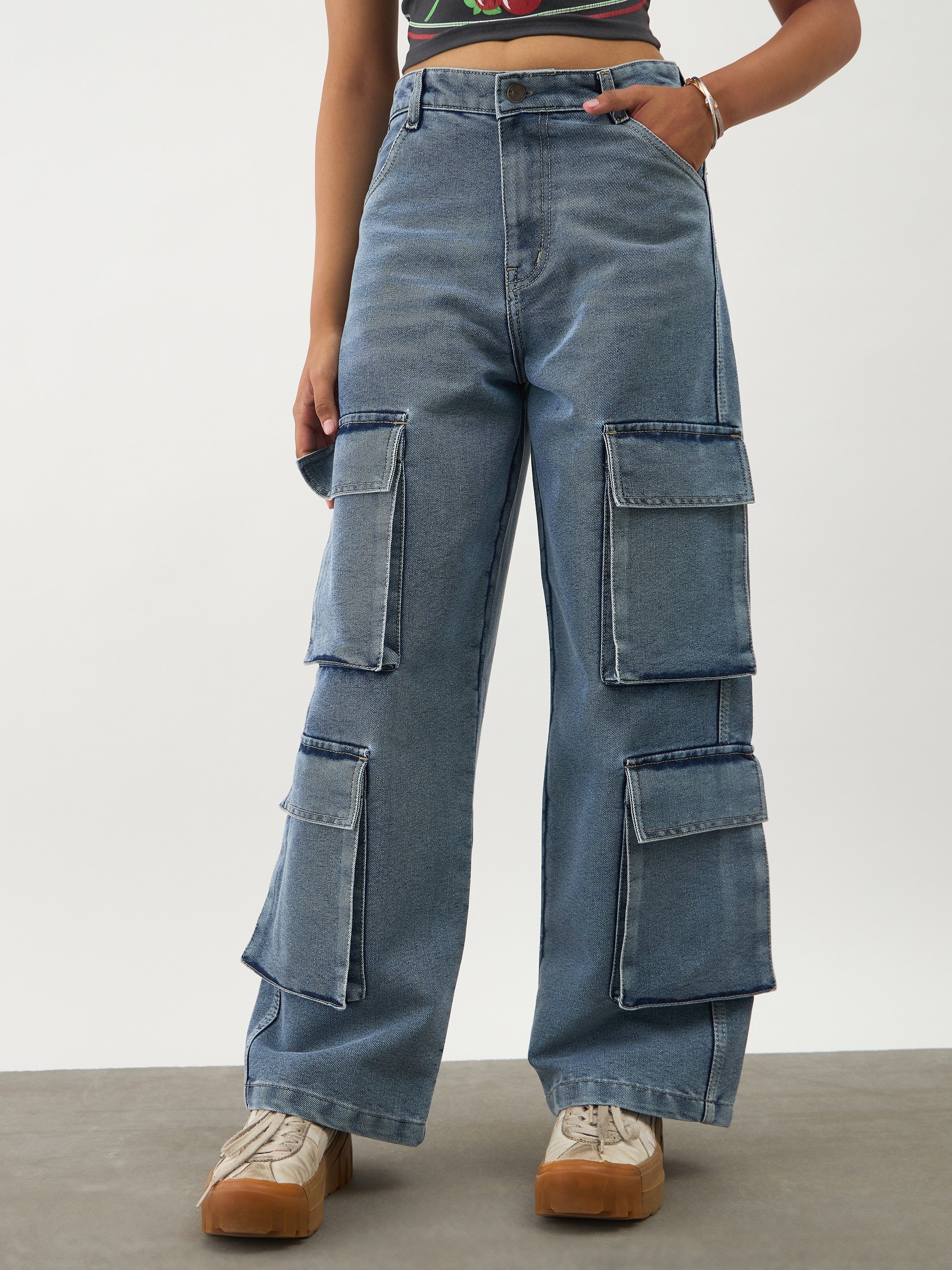 Girls Blue Blast Multi Pockets Denim Cargo Jeans