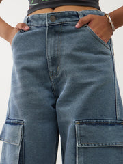 Girls Blue Blast Multi Pockets Denim Cargo Jeans