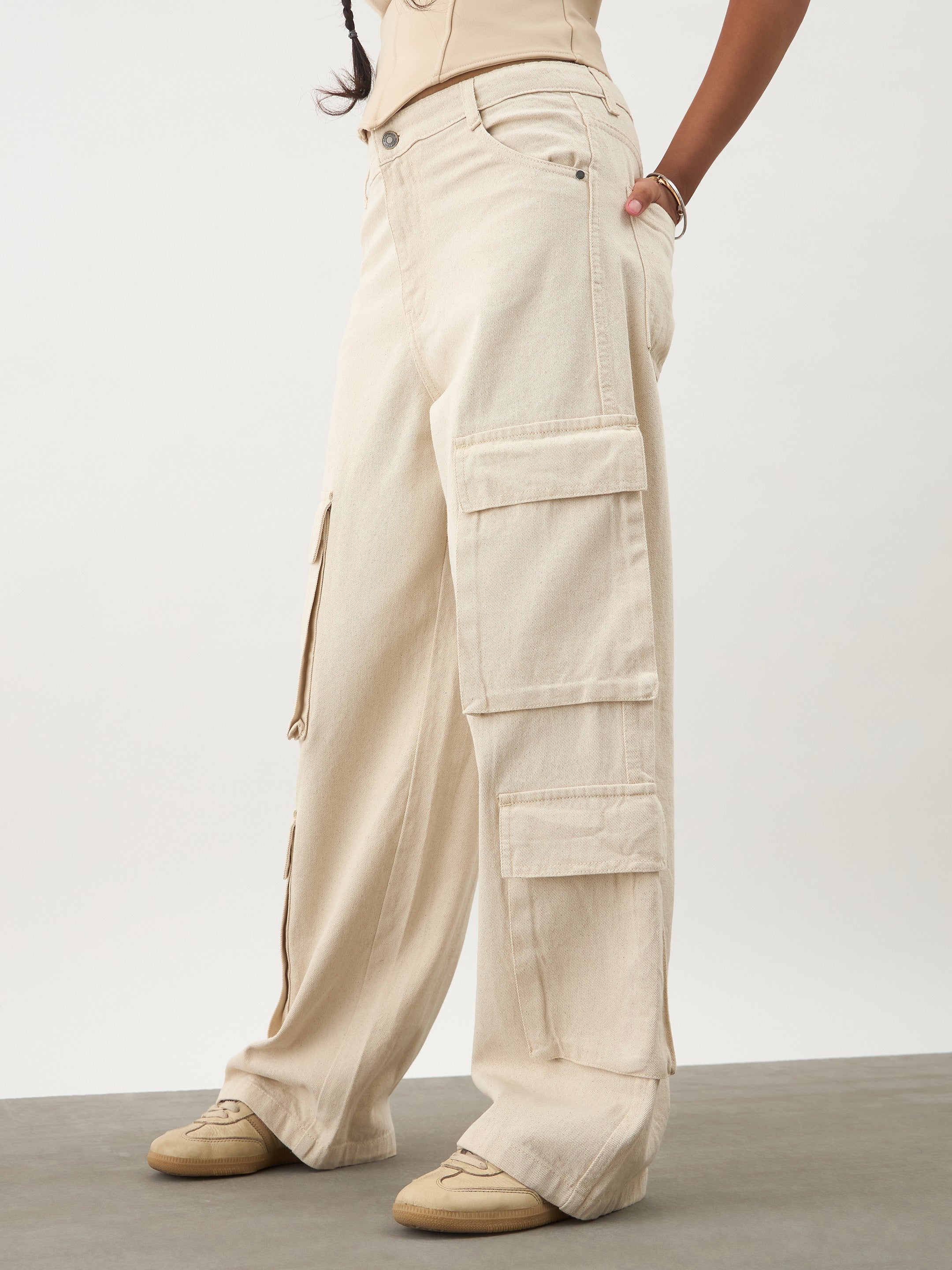Girls Beige Multi Pockets Denim Cargo Jeans