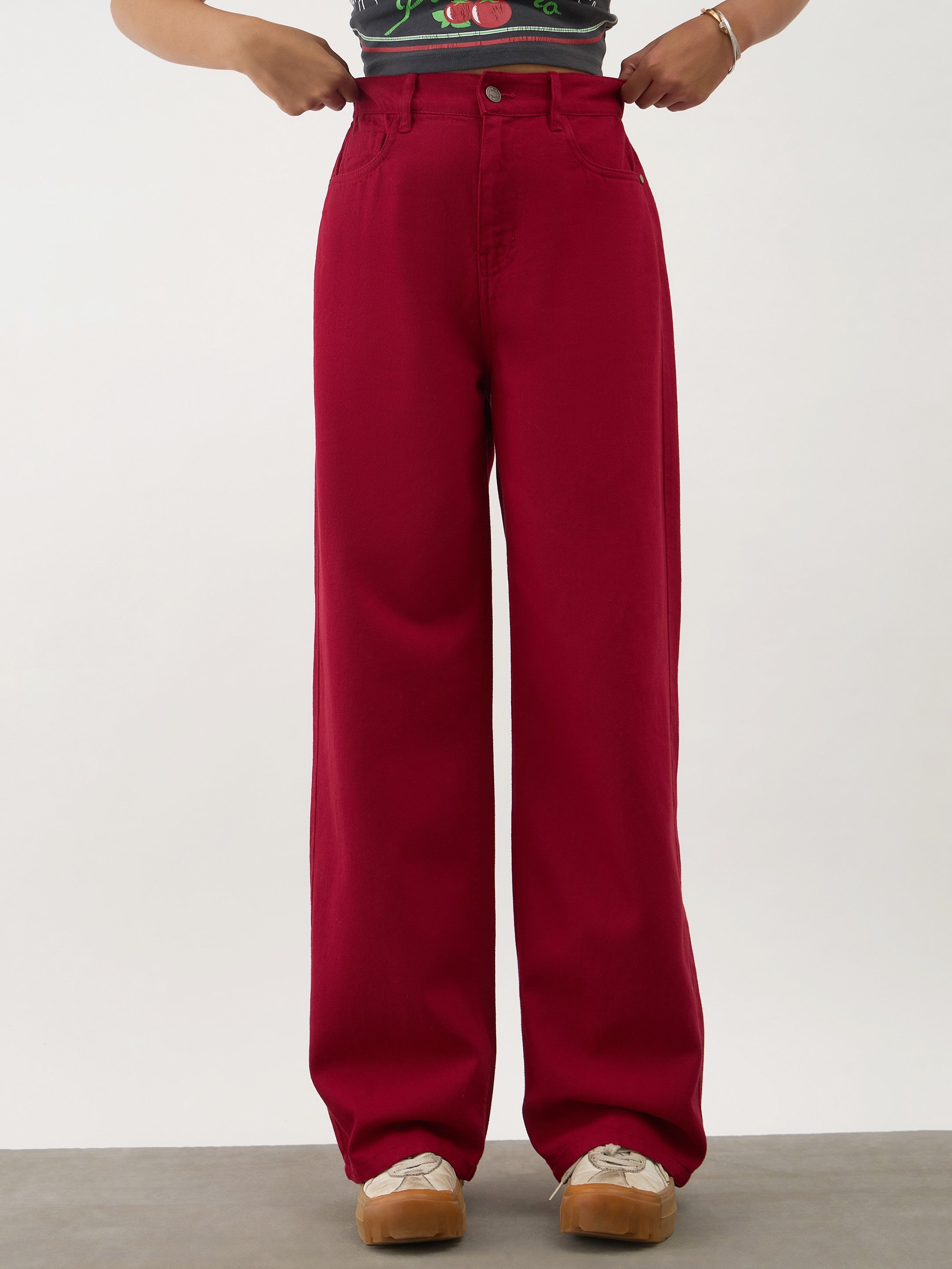 Girls Red Denim Ankle Length Jeans
