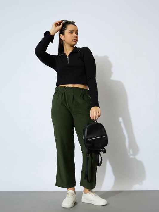 Girl Olive Corduroy Paper Bag Waist Pants