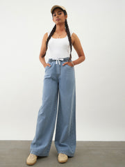 Girls Blue Wash Denim Drawstring Pants