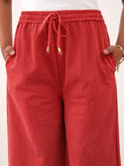 Girls Red Twill Overdyed Elasticated Straight Pants