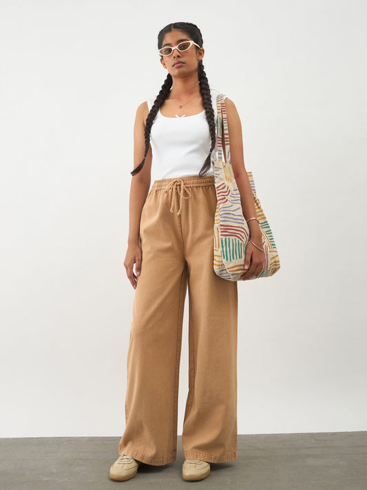 Beige Twill Overdyed Elasticated Straight Pants Noh.Voh 