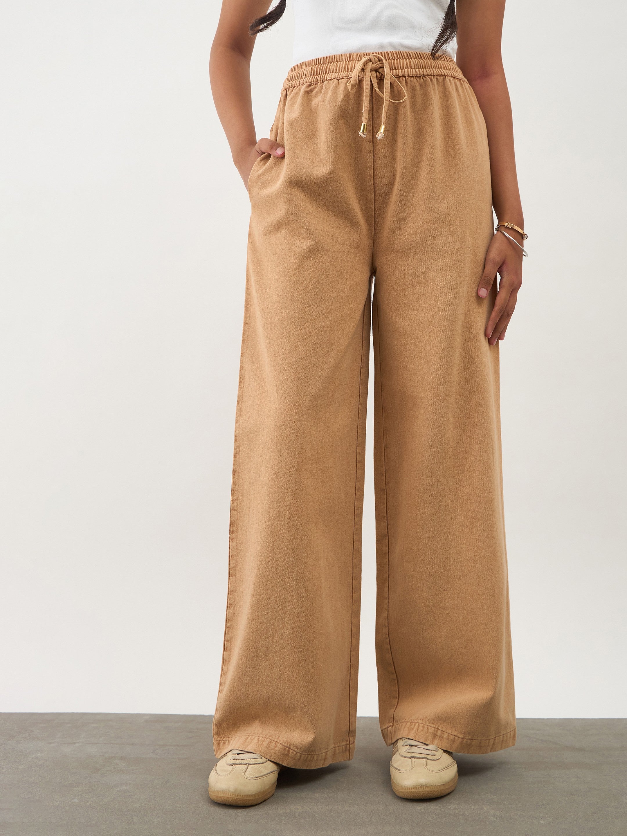 Beige Twill Overdyed Elasticated Straight Pants Noh.Voh 