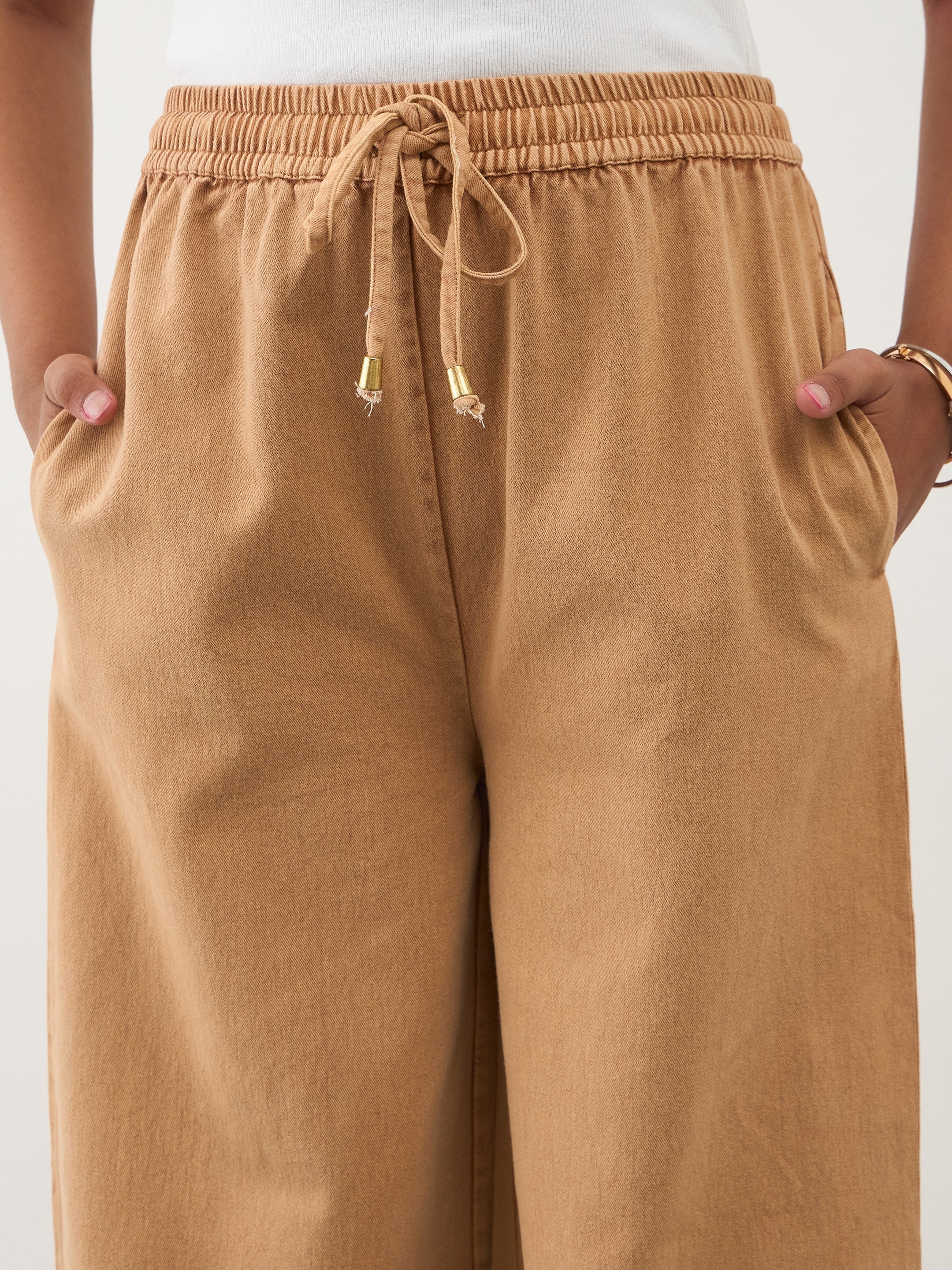 Beige Twill Overdyed Elasticated Straight Pants Noh.Voh 