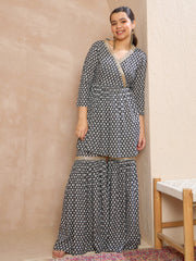 Grils Black Printed Peplum Top With Sharara Pants