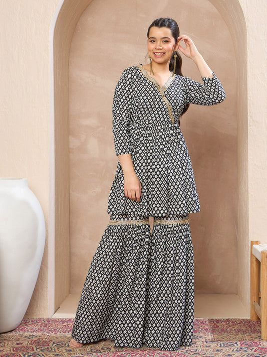 Grils Black Printed Peplum Top With Sharara Pants